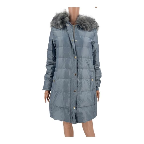 Kate Spade Coat Quilted Faux Fur Hood Down Puffer Blue Gray Size M Winter Jacket - Picture 5 of 14